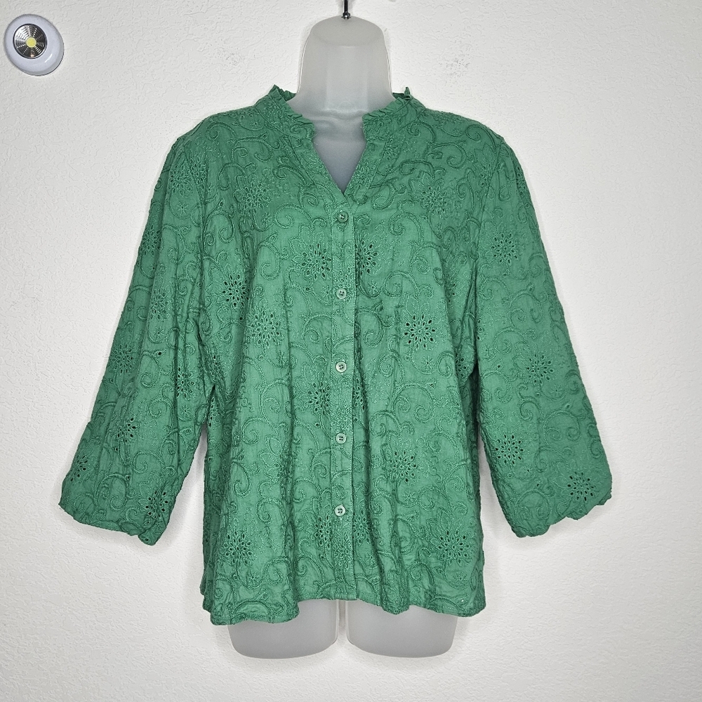Soft Surroundings 100% Cotton Boho Embroidered Green Eyelet Puff Sleeve Blouse